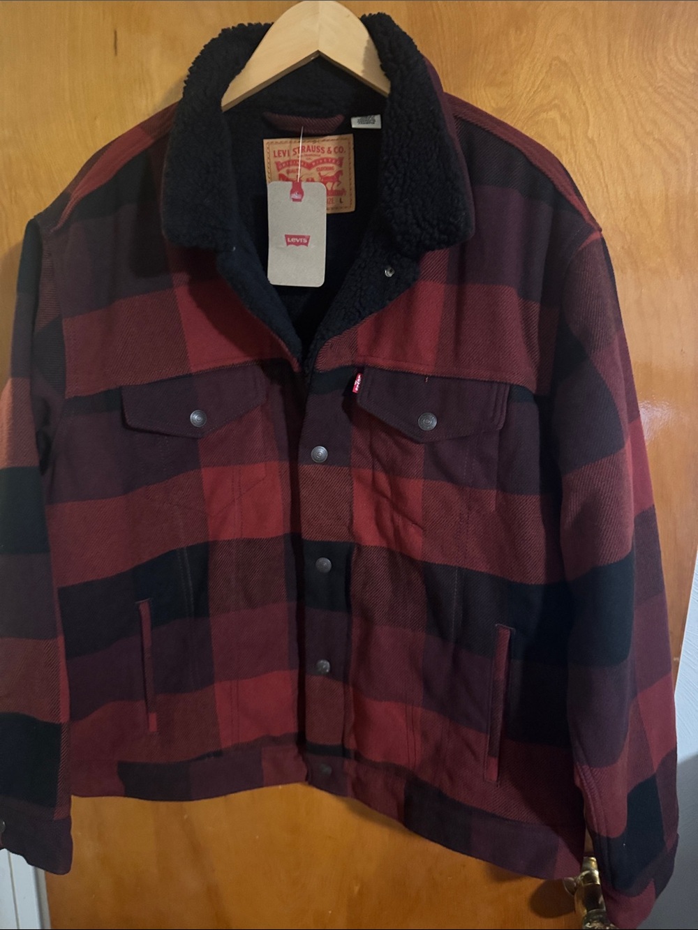 Levis Jacket Mens Large Red Plaid Fleece Sherpa